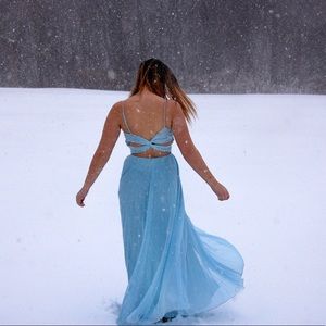 Pleated Baby Blue Rhinestone A-line Prom Dress
